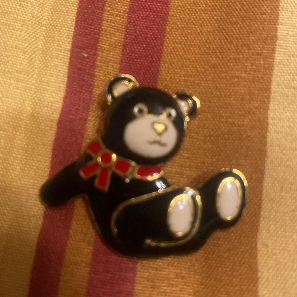 Vintage enamel black and cream teddy bear brooch about 1.25 x 1.25 inches
